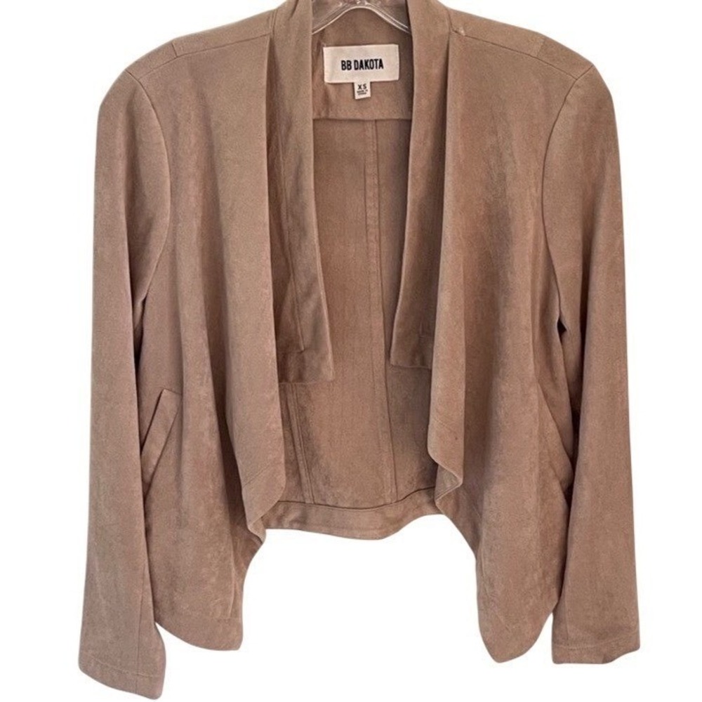BB Dakota Beige Suede Drape Front Blazer Jacket Open Front Waterfall XS